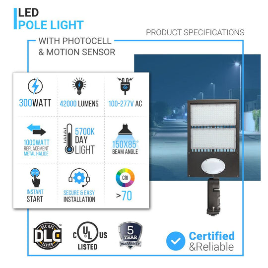 300W LED Pole Light With Photocell & Motion Sensor, 5700K, Universal Mount, Bronze, AC100-277V, Dusk to Dawn Capable - Parking Lot Lights