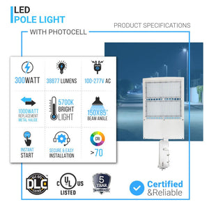 300W LED Pole Light With Photocell, 5700K, Universal Mount, White, AC100-277V, Outdoor Area Lighting - Parking Lot Lights