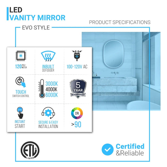 24 X 36 Inch LED Lighted Bathroom Mirror with Rose Gold Frame, Touch Sensor Switch and CCT Remembrance, Evo Style