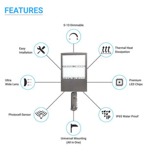 300W LED Pole Light With Photocell, 5700K, Universal Mount, Gray, AC100-277V, LED Shoebox Area Light - Parking Lot Lighting