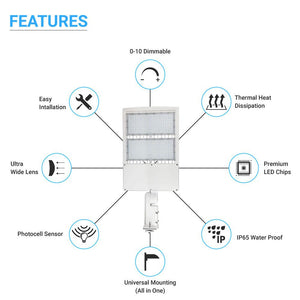 300W LED Pole Light With Photocell, 5700K, Universal Mount, White, AC100-277V, Outdoor Area Lighting - Parking Lot Lights