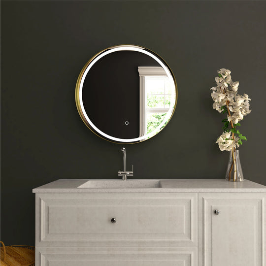 24 Inch Round Shelf LED Lighted Mirror, Touch Switch, Defogger and CCT Remembrance, Raven Round Style