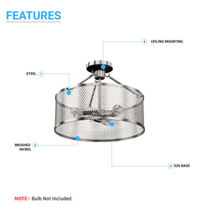 Drum Shape Semi-Flush Mount Ceiling Light, Steel Cage Matte Black Finish, E26 Base, UL Listed, 3 Years Warranty