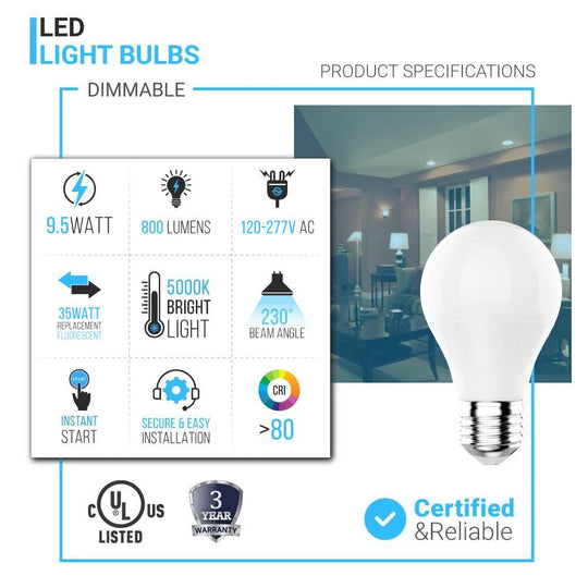 A19 LED Light Bulb 9.5W Dimmable 800 Lumens - 5000K - Day Light White