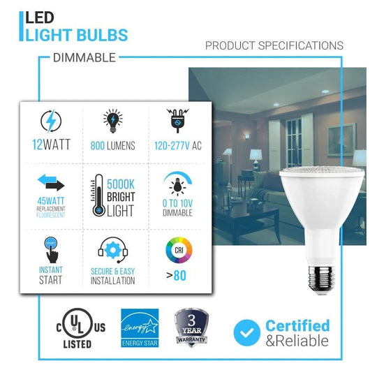 LED Bulb - PAR30 Long Neck - 5000K - Day Light White -12 Watt - 75 Watt Equivalent High CRI 90+