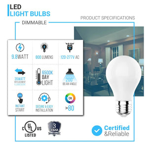 A19 Dimmable LED Light Bulb, 9.8W, 6500K Cool White, 800 Lumens, (E26)
