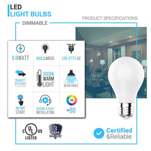 A19 Dimmable LED Light Bulb, 9.8W, ENERGY STAR, 3000K (Soft White), 800 Lumens, (E26)