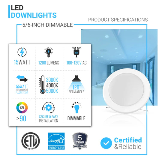 5/6-inch Dimmable LED Disk Downlights, Recessed Ceiling Light Fixture, 15W, Commercial Downlights