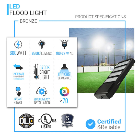 600W LED Flood Light, 2100 Equivalent, 5700K, 83000LM, Bronze, UL DLC Listed, With U-Bracket