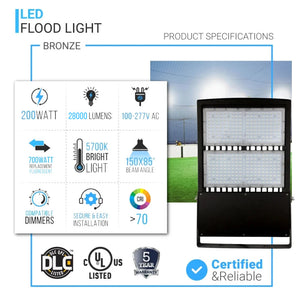 200W LED Flood Light, 5700K, 28000 Lumens, Super Bright Outdoor Waterproof Lights, AC100-277V, Bronze