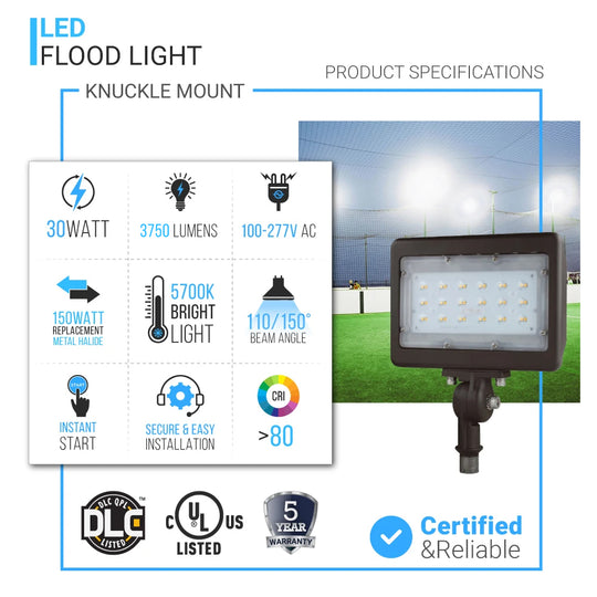 30W Knuckle Mount Outdoor LED Flood Light, 105 Watt Replacement, 5700K, Bronze, IP65 Waterproof