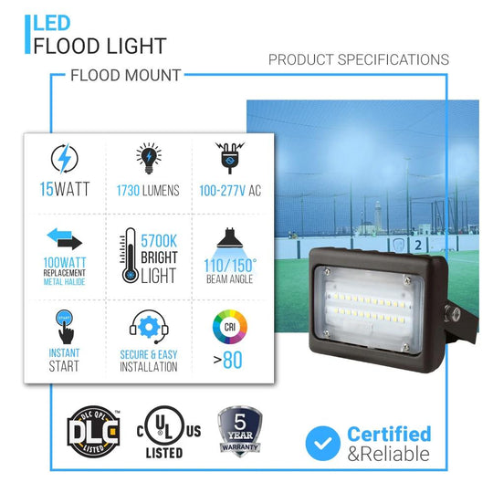 15W LED Flood Light, 55 Watt Replacement, 1730 Lumens, 5700K, Bronze, Outdoor Security Lights