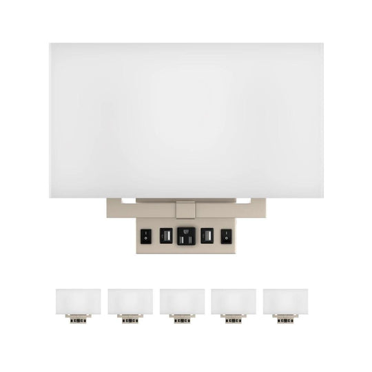 Modern Decorative Wall Sconce Light with 2 USB, 2 Rocker Switch, 1 Power Outlet, Satin Nickel Finish