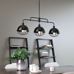 3-Light Island Linear Chandelier Fixture, Iron Black Finish, E26 Base, Dome Shade