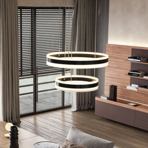 2-Ring, Unique LED Circular Chandelier, 112W, 3000K-6500K, 5600LM, Dimmable, Sand Black Body Finish