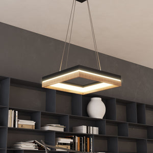 Square Metal and Wood Chandelier Light, 35W, 3000K (Warm White), 836 Lumens, Dimmable, Matte Black + Wood Body Finish