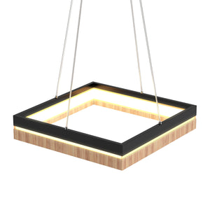 Square Metal and Wood Chandelier Light, 35W, 3000K (Warm White), 836 Lumens, Dimmable, Matte Black + Wood Body Finish