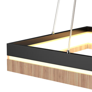 Square Metal and Wood Chandelier Light, 35W, 3000K (Warm White), 836 Lumens, Dimmable, Matte Black + Wood Body Finish