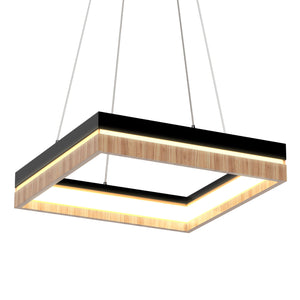 Square Metal and Wood Chandelier Light, 35W, 3000K (Warm White), 836 Lumens, Dimmable, Matte Black + Wood Body Finish