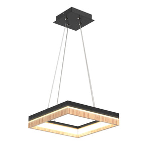 Square Metal and Wood Chandelier Light, 35W, 3000K (Warm White), 836 Lumens, Dimmable, Matte Black + Wood Body Finish