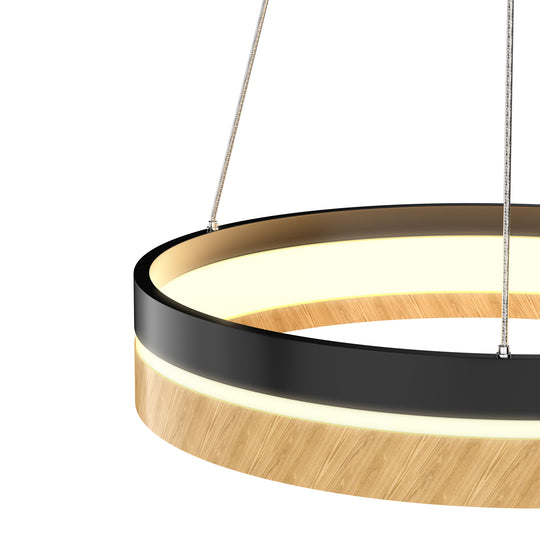 Round Chandelier, Matte Black + Wood Finish, 33W, 3000K (Warm White), 961 Lumens, Dimmable Pendant