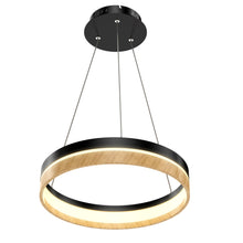 Load image into Gallery viewer, Round Chandelier, Matte Black + Wood Finish, 33W, 3000K (Warm White), 961 Lumens, Dimmable Pendant
