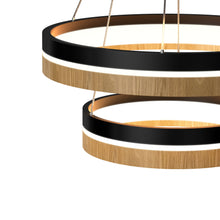 Load image into Gallery viewer, Double Circle Chandelier, 78W, 3000K, 1501 Lumens, Wooden + Matte Black Chandelier, Dimmable Pendant Fixture