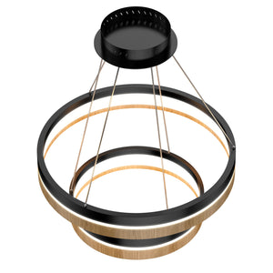 Double Circle Chandelier, 78W, 3000K, 1501 Lumens, Wooden + Matte Black Chandelier, Dimmable Pendant Fixture