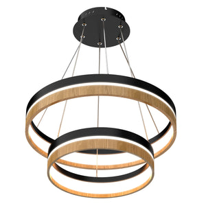 Double Circle Chandelier, 78W, 3000K, 1501 Lumens, Wooden + Matte Black Chandelier, Dimmable Pendant Fixture