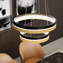 Load image into Gallery viewer, Double Circle Chandelier, 78W, 3000K, 1501 Lumens, Wooden + Matte Black Chandelier, Dimmable Pendant Fixture