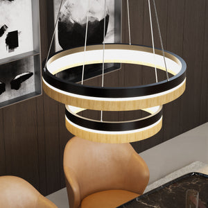 Double Circle Chandelier, 78W, 3000K, 1501 Lumens, Wooden + Matte Black Chandelier, Dimmable Pendant Fixture