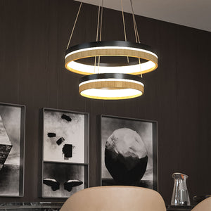 Double Circle Chandelier, 78W, 3000K, 1501 Lumens, Wooden + Matte Black Chandelier, Dimmable Pendant Fixture