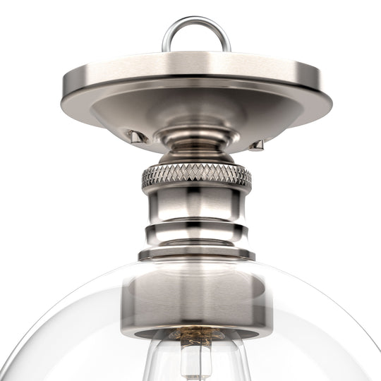 Clear Glass Dome Shape Flush Mount Light, Brushed Nickel Finish, E26 Base, Ceiling Mounting, UL Listed for Damp Location