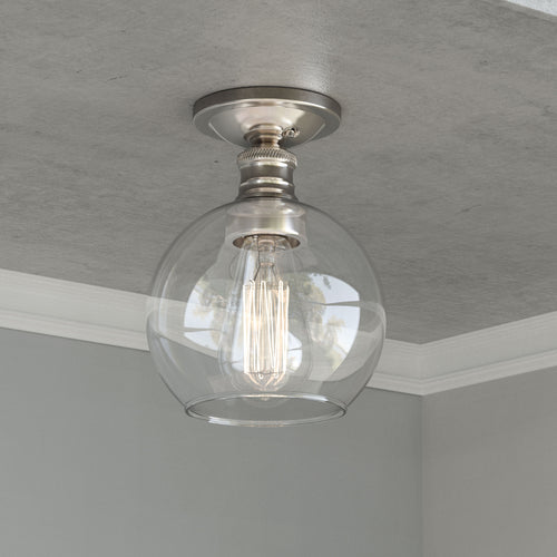 Clear Glass Dome Shape Flush Mount Light, Brushed Nickel Finish, E26 Base, Ceiling Mounting, UL Listed for Damp Location