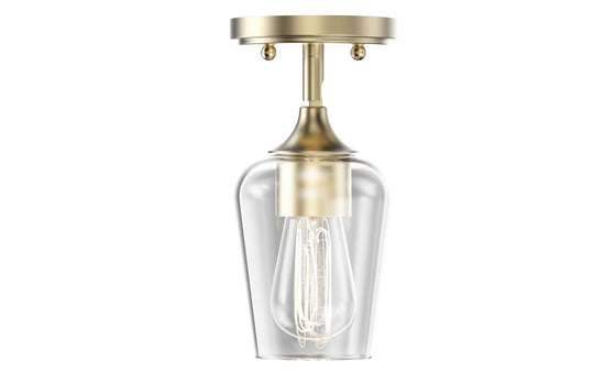 Brass Gold Semi-Flush Mount Light with Bell Shape Clear Glass Shade, E26 Base, Damp Location, Ceiling Mounting, UL Listed