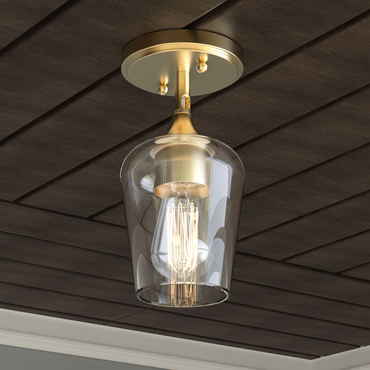 Brass Gold Semi-Flush Mount Light with Bell Shape Clear Glass Shade, E26 Base, Damp Location, Ceiling Mounting, UL Listed
