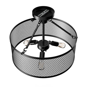 Drum Shape Semi-Flush Mount Ceiling Light, Steel Cage Matte Black Finish, E26 Base, UL Listed, 3 Years Warranty