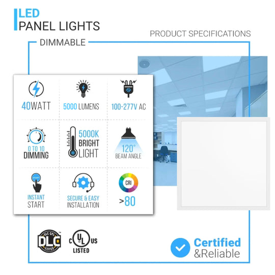 2X2 LED Panel Lights, 40W, AC100-277V, 5000K, Dimmable, DLC Listed, LED Drop Ceiling Light(4-Pack)