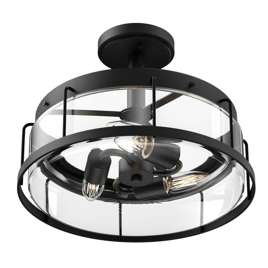 Drum Shape Semi-Flush Mount Lighting Fixture, Matte Black Finish with Clear Glass Shade, E26 Base, UL Listed, 3 Years Warranty