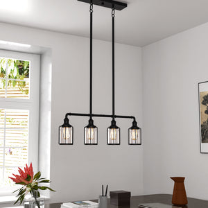 4-Lights Linear Pendant Light with Clear Glass Shades, Matte Black Finish, UL Listed for Damp Location, E26 Base