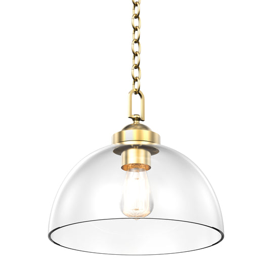 Dome Shape Brass Gold Pendant Light with Clear Glass Shade, E26 Base, UL Listed for Damp Location