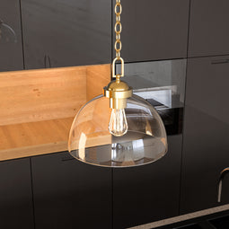 Dome Shape Brass Gold Pendant Light with Clear Glass Shade, E26 Base, UL Listed for Damp Location