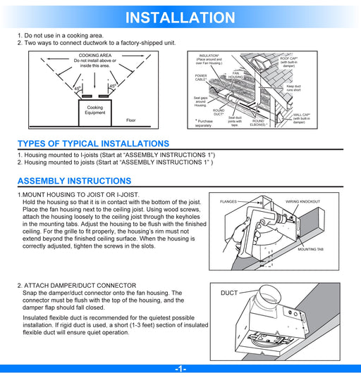 Bathroom Exhaust Fan, 50 CFM, 2.5 Sones, ETL Listed, Ceiling Mounted