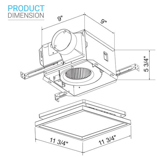 Ultra Silent Bathroom Exhaust Fan with Square Flat Panel 8W, 4000K 1000LM, 50-100 CFM, <0.3-0.7 Sones, Ceiling/Wall Mounted