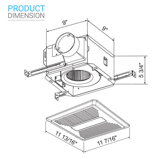 Ultr Quiet Bathroom Exhaust Fan w/ LED Light 4000K, 1000LM, 100 CFM, 0.8 Sones, Ceiling/Wall Mounted
