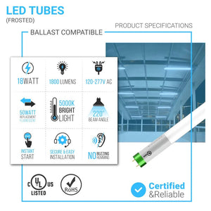 T8 4ft 18W LED Tube Glass 5000K Frosted Single Ended power