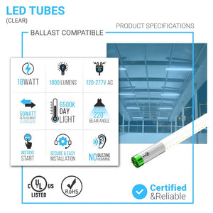 T8 4ft 18W LED Tube Glass 6500K Clear Plug N Play (Check Compatibility List; Not Compatible with all ballasts)