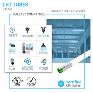 T8 4ft 18W LED Tube Glass 5000K Clear Plug N Play (Check Compatibility List; Not Compatible with all ballasts)