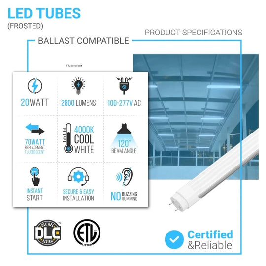 Ballast Compatible T8 4FT 20W LED Tube 2800Lumens 4000K Frosted Cover (Check Compatibility List; Not Compatible with all ballasts)