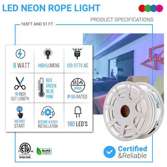 LED Neon Rope Light, 120V, UL Listed (Blue,Green,Red,Pink)
